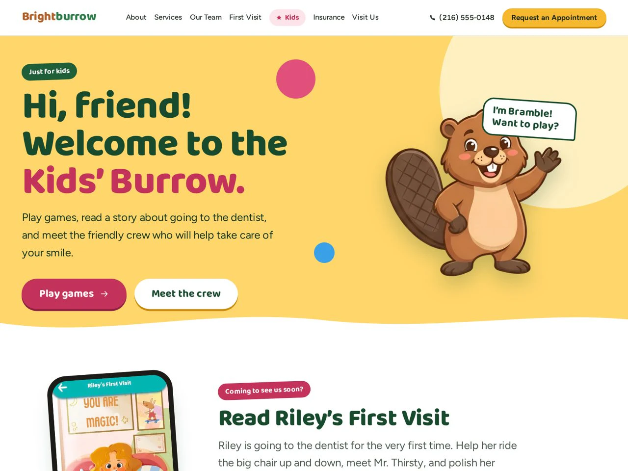 Brightburrow’s Kids page: “Hi, friend! Welcome to the Kids’ Burrow,” with Bramble the beaver and a link to the first-visit storybook