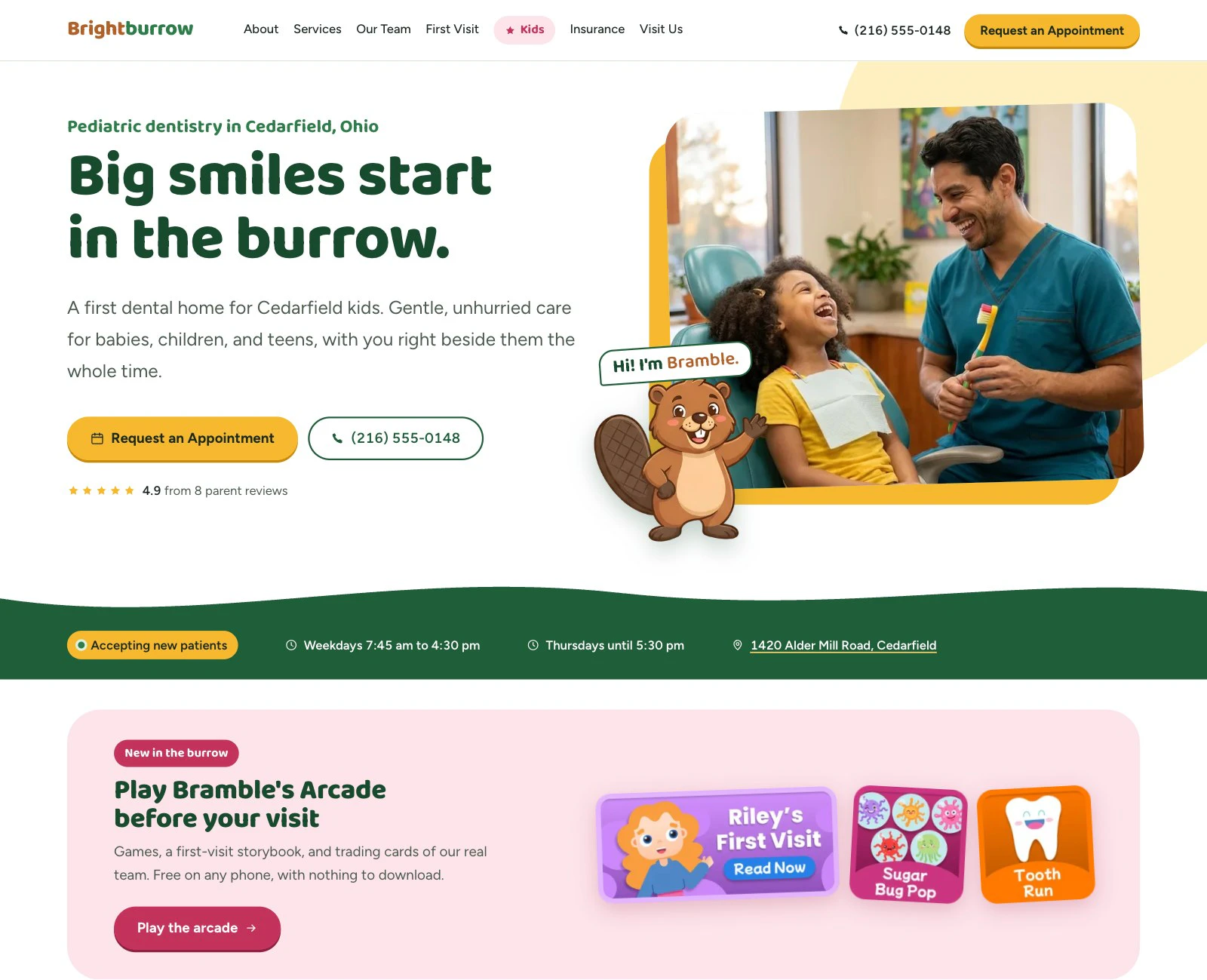 The parent-facing homepage of Brightburrow, a sample practice site
