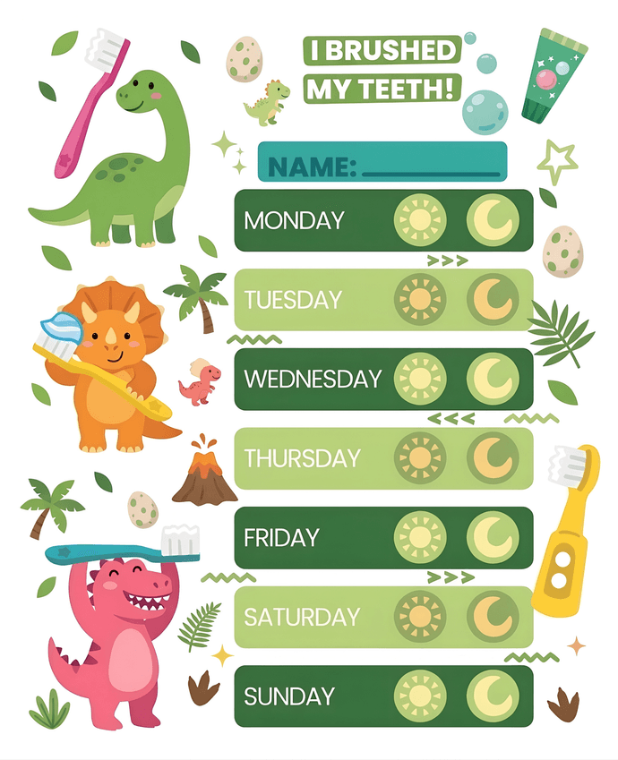 Dinosaur brushing chart with a weekly check-off for morning and night
