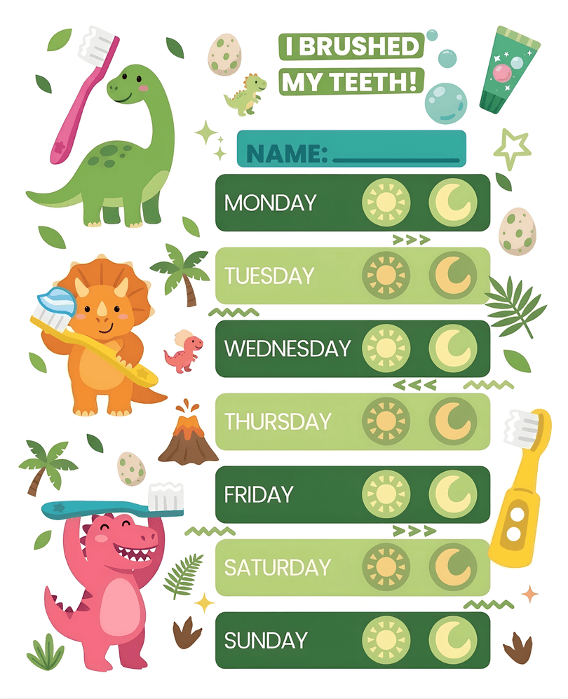 Dinosaur brushing chart with a weekly check-off