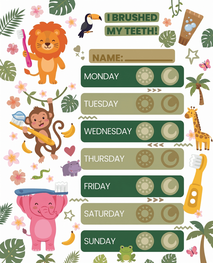Jungle brushing chart with a lion, monkey, and elephant