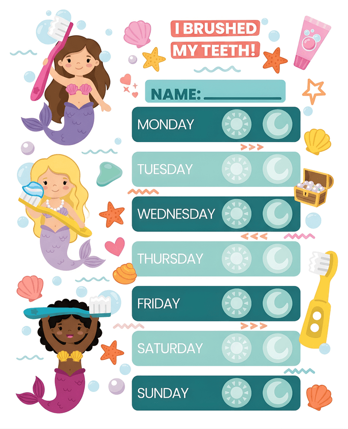 Mermaid brushing chart with shells and starfish