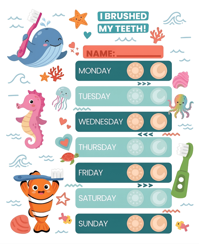 Ocean brushing chart with a whale, seahorse, and clownfish