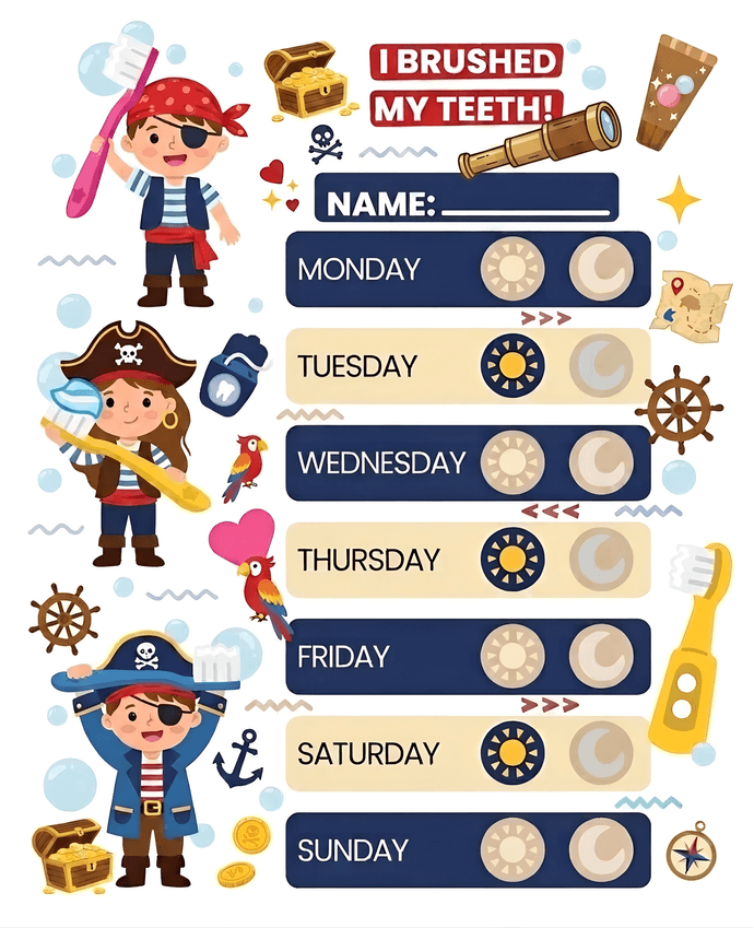 Pirate brushing chart with a treasure chest and parrot
