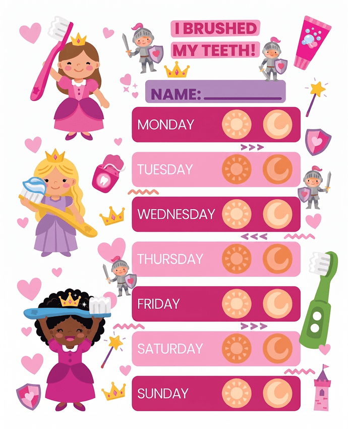Princess brushing chart in pink with a castle