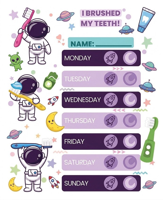 Space brushing chart with astronauts and planets