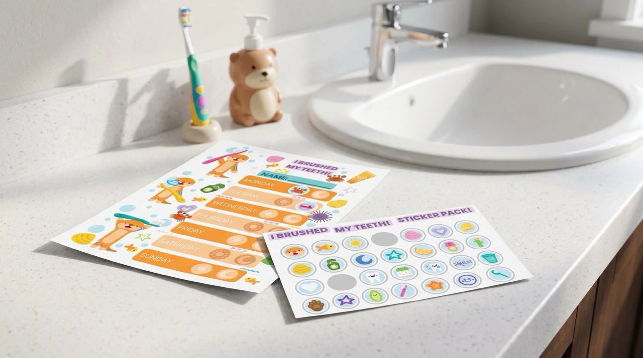 A printed brushing chart and sticker sheet on a bathroom counter