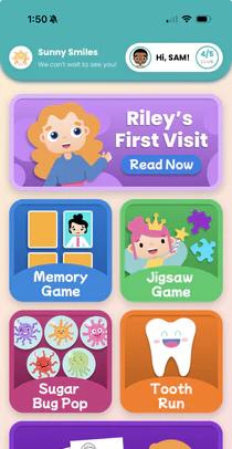 A practice's Kids Club on a phone: the first-visit storybook, Memory Game, Jigsaw, Sugar Bug Pop, Tooth Run, and coloring pages