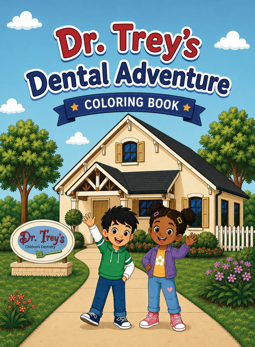 Cover of Dr. Trey’s Dental Adventure coloring book, with two kids waving outside his office