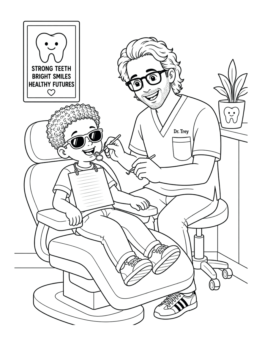 Coloring page of Dr. Trey checking a smiling patient’s teeth
