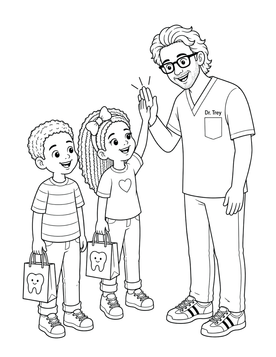 Coloring page of Dr. Trey giving a patient a high five