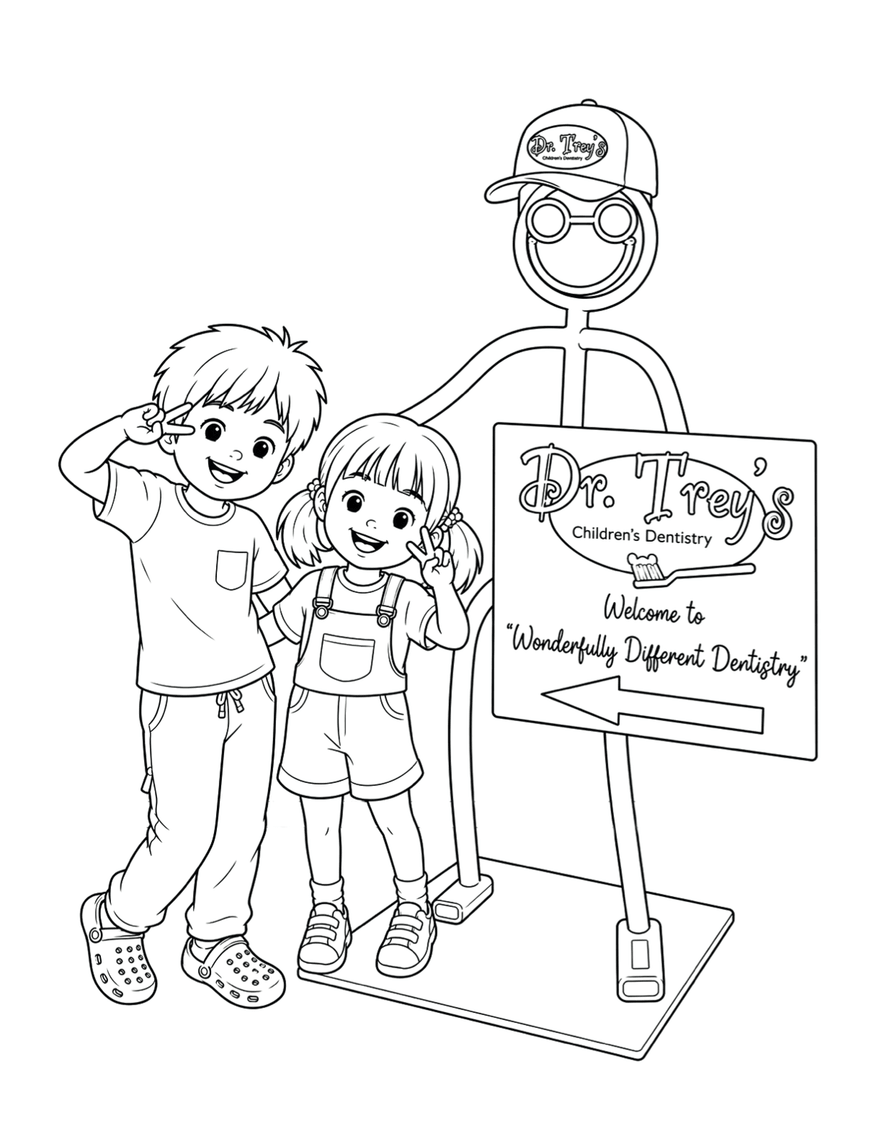 Coloring page of two kids by the Dr. Trey’s Children’s Dentistry welcome sign