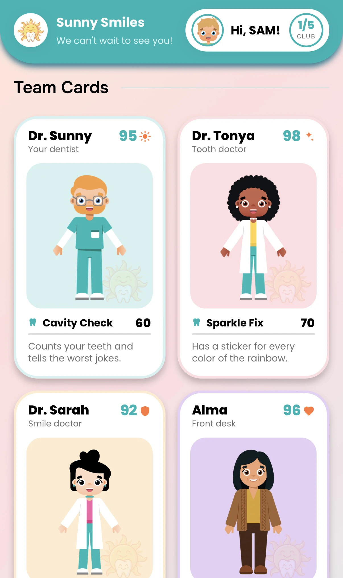 Team cards showing a practice’s doctors and front desk as collectible characters