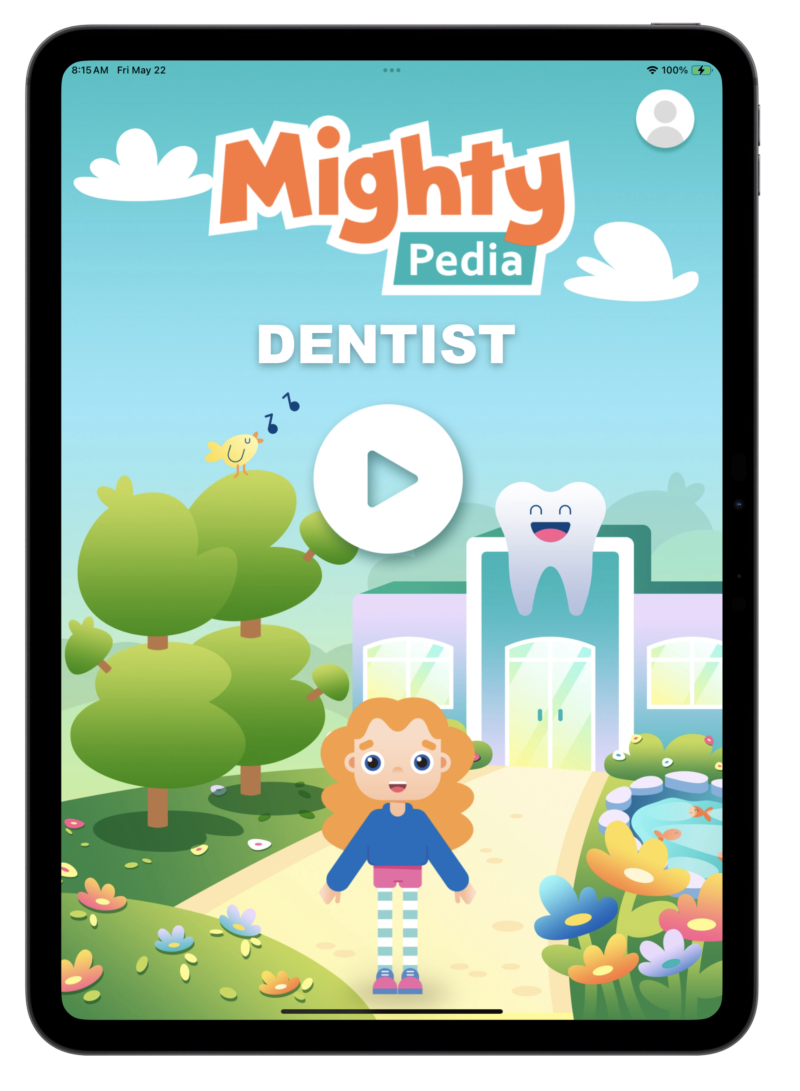 The Mighty Pedia app on an iPad — title screen with Riley and the dental office