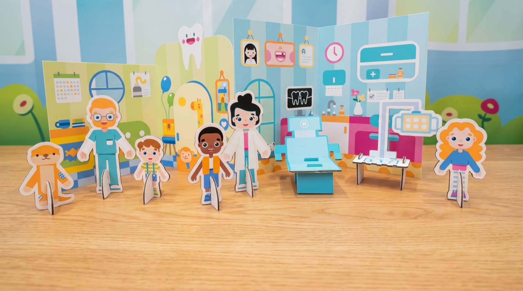 The Mighty Pack — assembled playset with dental chair, character standees, tools, and prizes