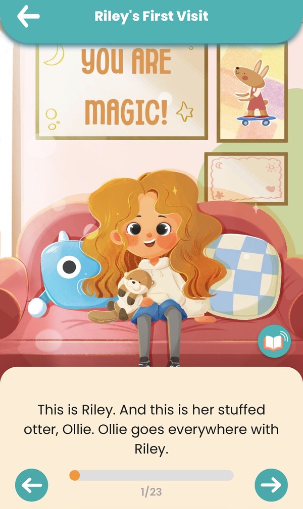 A page of Riley's First Visit: Riley sits on a couch holding Ollie the otter.